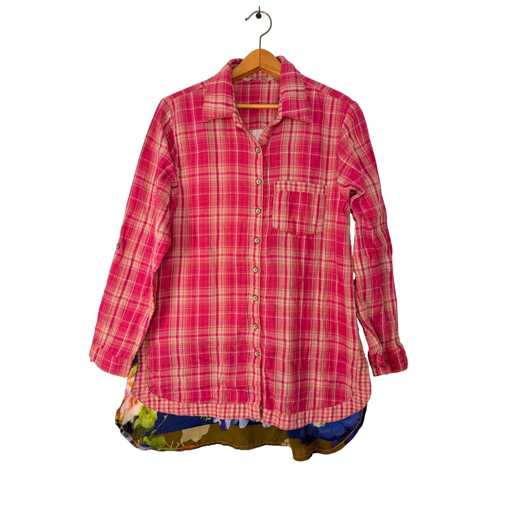 Soft Surroundings Pink Plaid Floral Button Down Shirt Med Country Western Boho